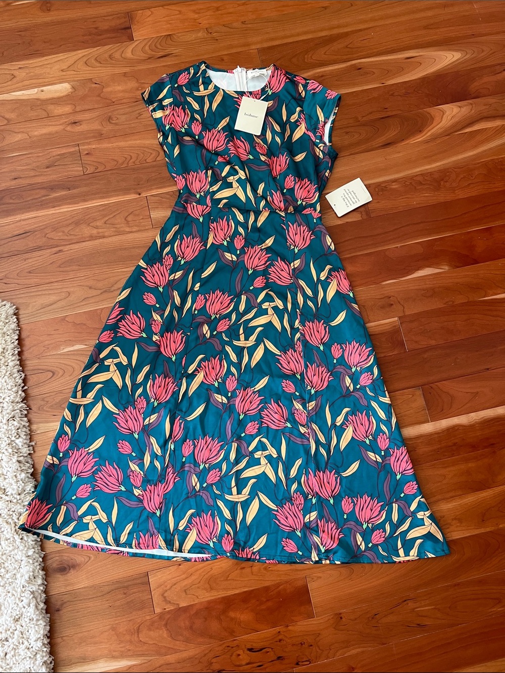 Floral Teal Midi Dress with Pink Bloom Print